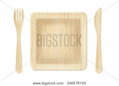 Wooden Plate With Fork And Knife Top View, Disposable Tablewear Isolated On White Background, Single