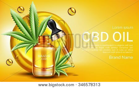 Cbd Oil Web Banner Mockup, Glass Bottle With Hemp Cannabinoid Extract, Cannabis Leaves And Droplet. 