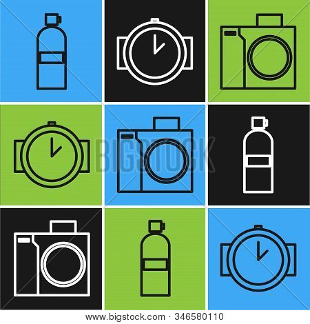 Set Line Aqualung, Photo Camera For Diver And Diving Watch Icon. Vector