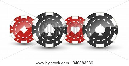 Casino Chips With Card Suits Spades, Hearts, Clovers, Diamonds Isolated On White Background. Vector 