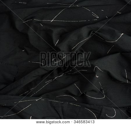 Texture Of Black Cotton Fabric With Waves, Full Frame, Fabric For Sewing Clothes, Shirts. Design Ele