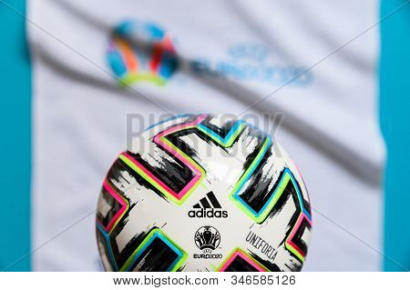 Paris, France, January. 20. 2020: Euro 2020 Background, Uniforia Official Ball, Logo Of Football Tou