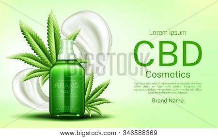Cbd Cosmetics Bottle With Cream Smears And Cannabis Leaves Web Banner Mockup, Pump Tube With Hemp Ca