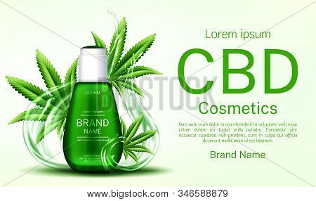 Cbd Cosmetics Bottle With Water Splashes And Cannabis Leaves Web Banner Mockup, Glass Tube With Hemp