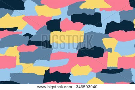 Seamless Pattern Of Torn Paper Pieces Of Different Shapes In Blue, Pink, Yellow. Abstract Background
