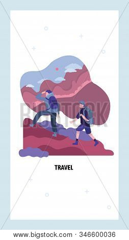 Tourists Hiking In Mountains. Outdoor Travel And Adventure Concept. Man And Woman Climbing And Trekk