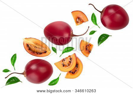 Fresh Tamarillo Fruit With Leaves Isolated On White Background. Top View. Flat Lay