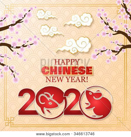 Happy Chinese New Year 2020 Year Of The Rat. Background With Clouds And Flowering Sakura Tree. Vecto