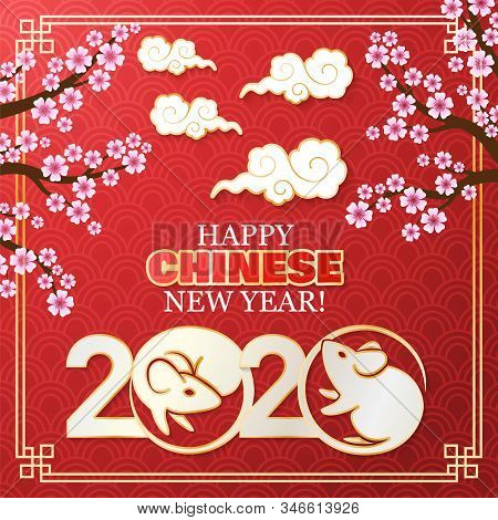 Happy Chinese New Year 2020 Year Of The Rat. Background With Clouds And Flowering Sakura Tree. Vecto