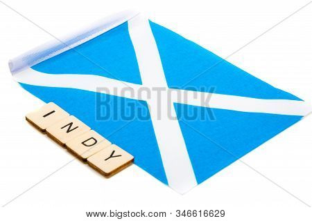 The National Flag Of Scotland, The Saltaire Or Cross Of St Andrews On A White Background With A Sign