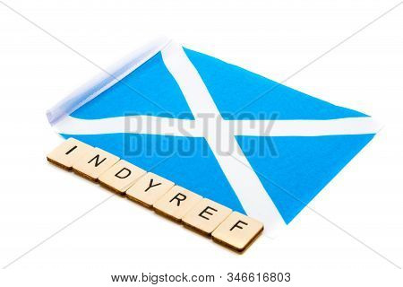 The National Flag Of Scotland, The Saltaire Or Cross Of St Andrews On A White Background With A Sign