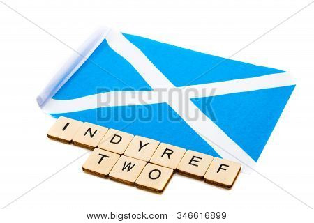 The National Flag Of Scotland, The Saltaire Or Cross Of St Andrews On A White Background With A Sign