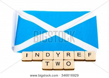 The National Flag Of Scotland, The Saltaire Or Cross Of St Andrews On A White Background With A Sign
