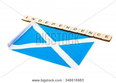 The National Flag Of Scotland, The Saltaire Or Cross Of St Andrews On A White Background With A Sign