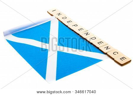The National Flag Of Scotland, The Saltaire Or Cross Of St Andrews On A White Background With A Sign