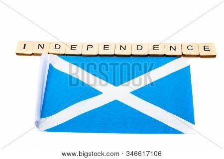 The National Flag Of Scotland, The Saltaire Or Cross Of St Andrews On A White Background With A Sign