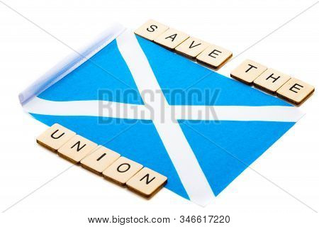 The National Flag Of Scotland, The Saltaire Or Cross Of St Andrews On A White Background With A Sign