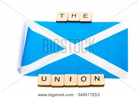 The National Flag Of Scotland, The Saltaire Or Cross Of St Andrews On A White Background With A Sign