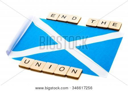 The National Flag Of Scotland, The Saltaire Or Cross Of St Andrews On A White Background With A Sign