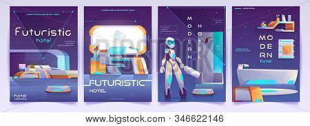 Futuristic Hotel Banners Set. Humanised Robot Cleaner Assistant In Home With Neon Glowing Furniture.