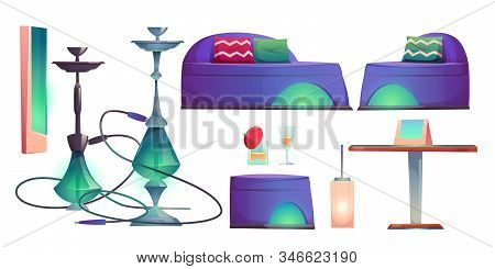 Shisha Hookah Bar Set, Cafe For Smoking Stuff Isolated On White Background, Chillums, Table, Drinks,