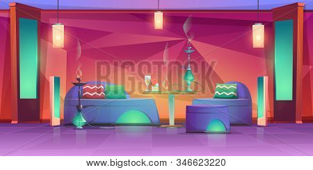 Shisha Hookah Bar Interior, Empty Cafe For Smoking With Chillums Standing On Table With Drinks And C