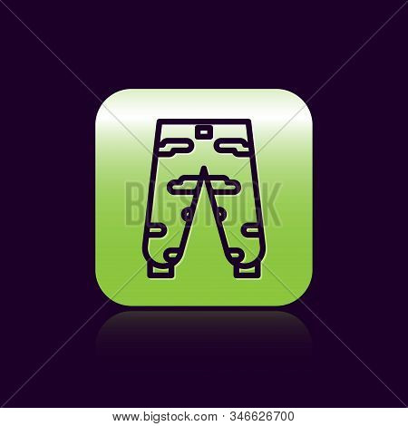 Black Line Camouflage Cargo Pants Icon Isolated On Black Background. Green Square Button. Vector Ill