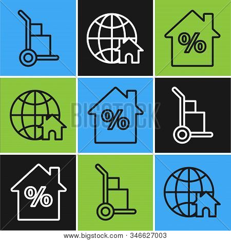 Set Line Hand Truck And Boxes, House With Percant Discount Tag And Globe With House Symbol Icon. Vec