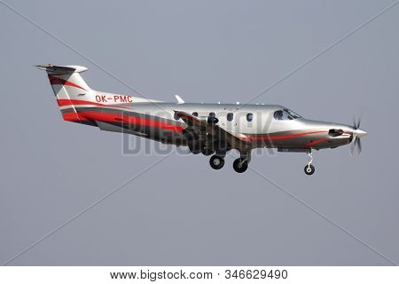Budapest / Hungary - October 14, 2018: Pilatus Pc-12 Ok-pmc Passenger Plane Arrival And Landing At B