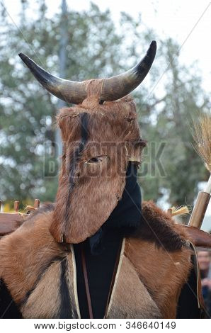 Teulada, Sardinia - 02.18.2018: Traditional Masks Of Sardinia