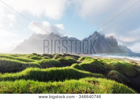 Gorgeous landscape with black sand desert dunes and grassy bumps near famous Stokksnes mountains on Vestrahorn cape, Iceland