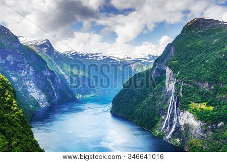Breathtaking view of Sunnylvsfjorden fjord and famous Seven Sisters waterfalls, near Geiranger village in western Norway. Landscape photography