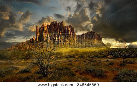 Late Afternoon View Of The Superstition Mountains. Mesa Arizona. Home Of The Lost Dutchman Mine.
