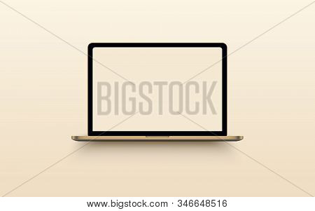 Laptop With Blank Computer Screen On Background. Front View Notebook Mock Up. The Display Is Opened 