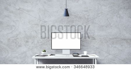 New Computer Display And Office Tools On Desk. Blank Desktop Computer Screen. Modern Creative Worksp