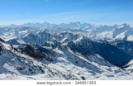 Col De Thorens Peclet Val Thorens Valley View Sun Snowy Mountain Landscape France Alpes 3 Vallees
