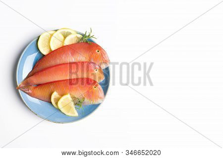 Beautiful Tropical Red Sea Fish Pearly Razorfish On A White Background. Galan Fish Xyrichtys Novacul