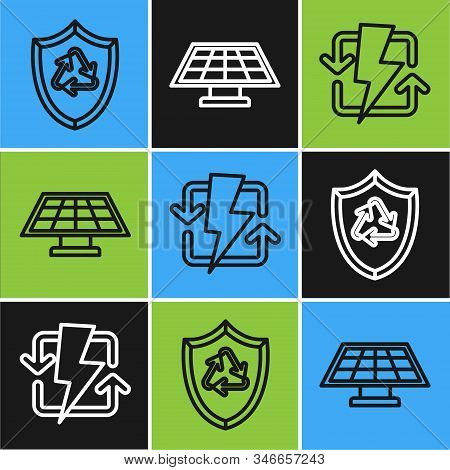 Set Line Recycle Symbol Inside Shield, Recharging And Solar Energy Panel Icon. Vector