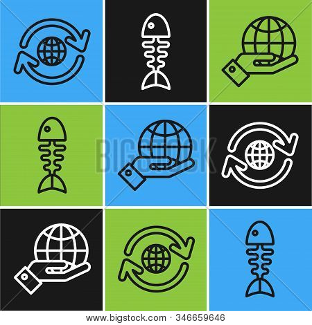 Set Line Planet Earth And A Recycling, Human Hands Holding Earth Globe And Fish Skeleton Icon. Vecto