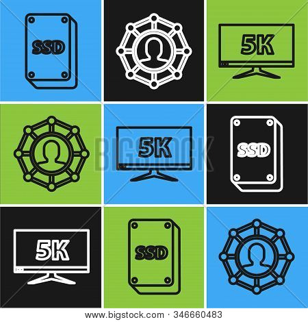 Set Line Ssd Card, Monitor Display With 5k Video And Project Team Base Icon. Vector