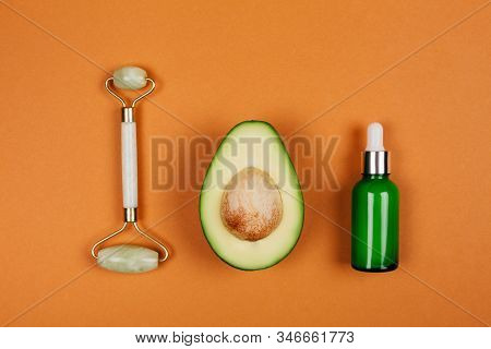 Modern Accessories And Herbal Cosmetics For Natural Face Care. Flat Lay Style.