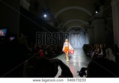 Kyiv, Ukraine - February 1, 2019: Model Presents A Creation By Designer Aliona Bettyar (brand A.m.g.