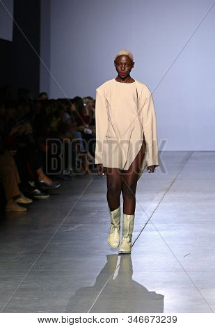 Kyiv, Ukraine - February 1, 2019: Model Presents A Creation By Designer Aliona Bettyar (brand A.m.g.
