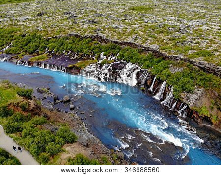 The Aerial View Of The Milky Blue River Near Barnafoss Falls, Iceland