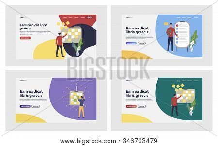Manager Planning Task Set. Worker Presenting Checklist, Removing Notes From Board. Flat Vector Illus