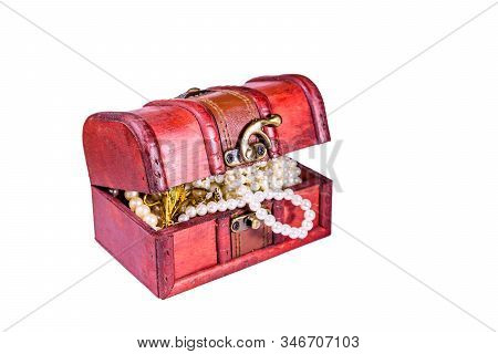 Old Box Of Red Wood Full Of Jewelry Isolated On Ehite Background. Treasure Chest