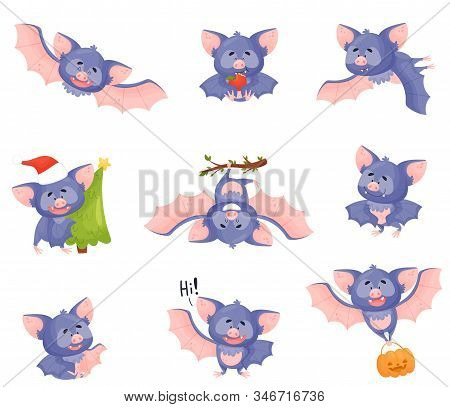 Funny Purple Bat Character In Different Poses Vector Set