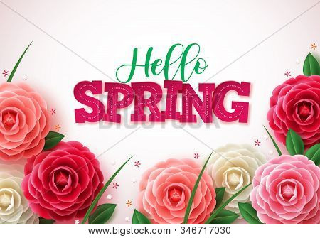 Hello Spring Vector Concept Background. Spring Greetings Text With Colorful Flower Like Rose, Camell
