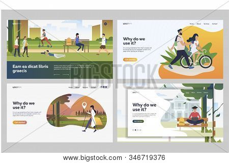 Set Of People Spending Leisure Time Outdoors. Flat Vector Illustrations Of People Doing Sports In Co