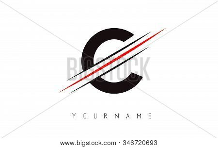 C Letter Logo Design Cutted In The Middle With A Red Line And With Sharp Edges.  Creative Logo Desig